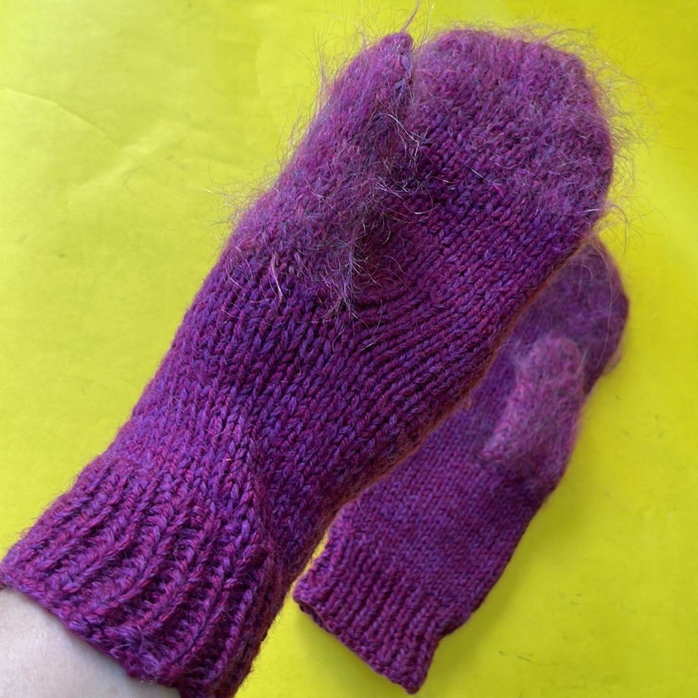 Purple hand knitted wool/French mohair mittens